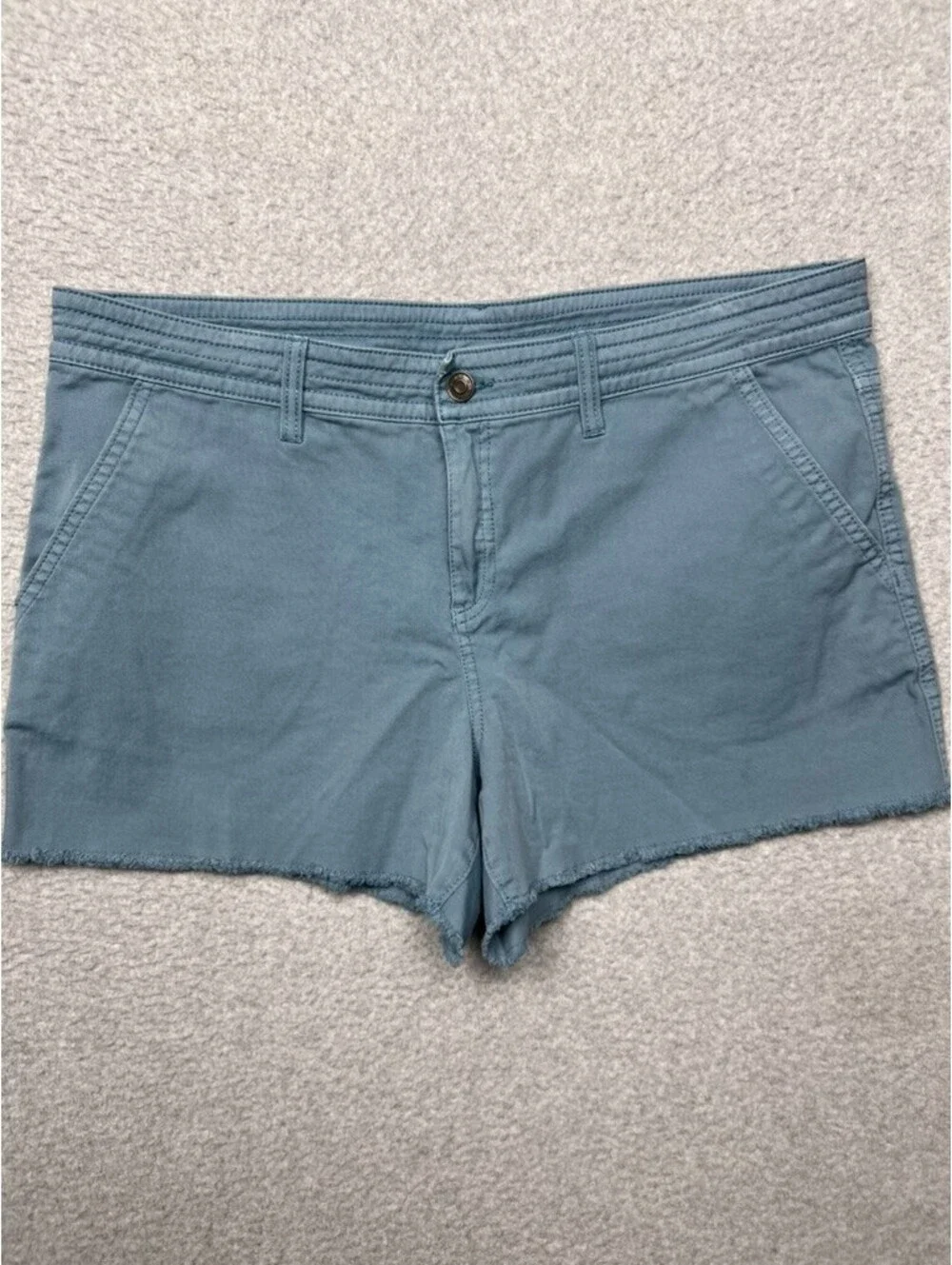 prAna Sancho Organic Cotton Stretch Shorts 14 Blue Gray Raw Hem Hiking Chino